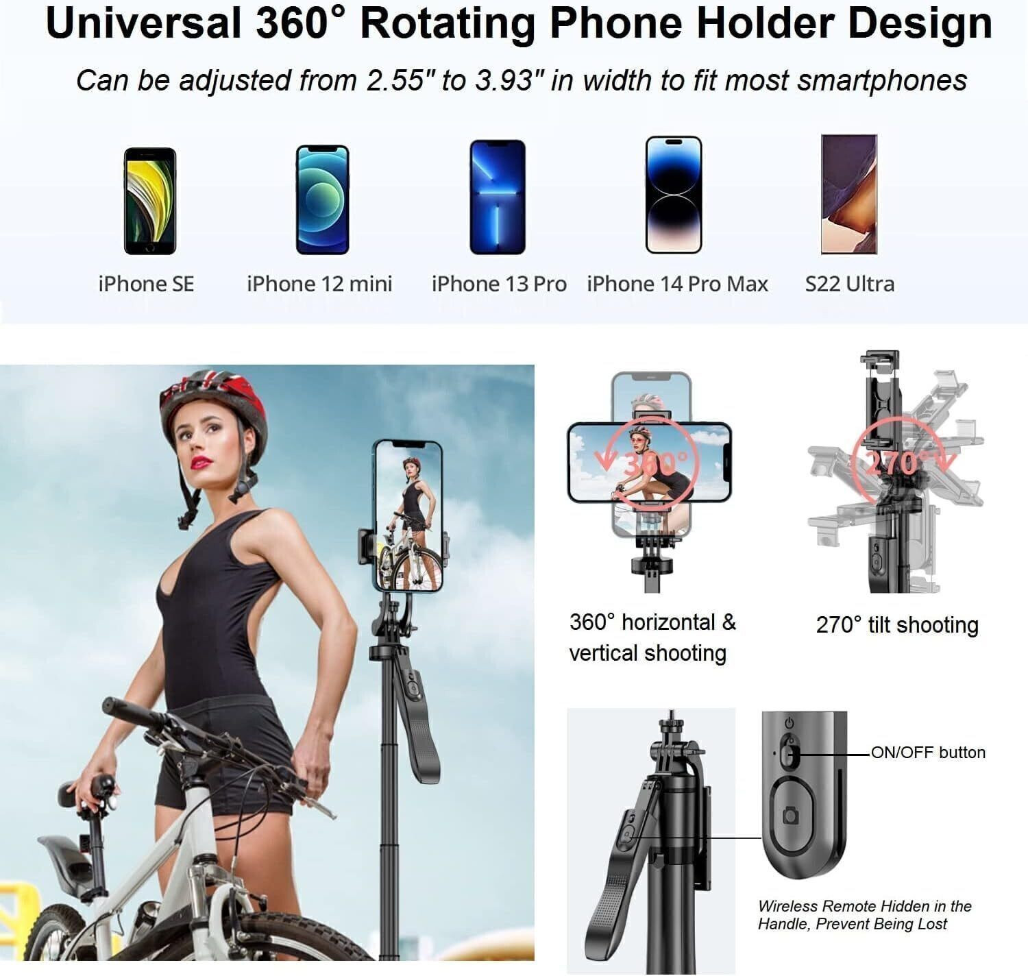 Image of Tryonce 4-in-1 Selfie Stick Tripod 5.2 Feet Long with Stable Handle and Bluetooth Remote Tripod