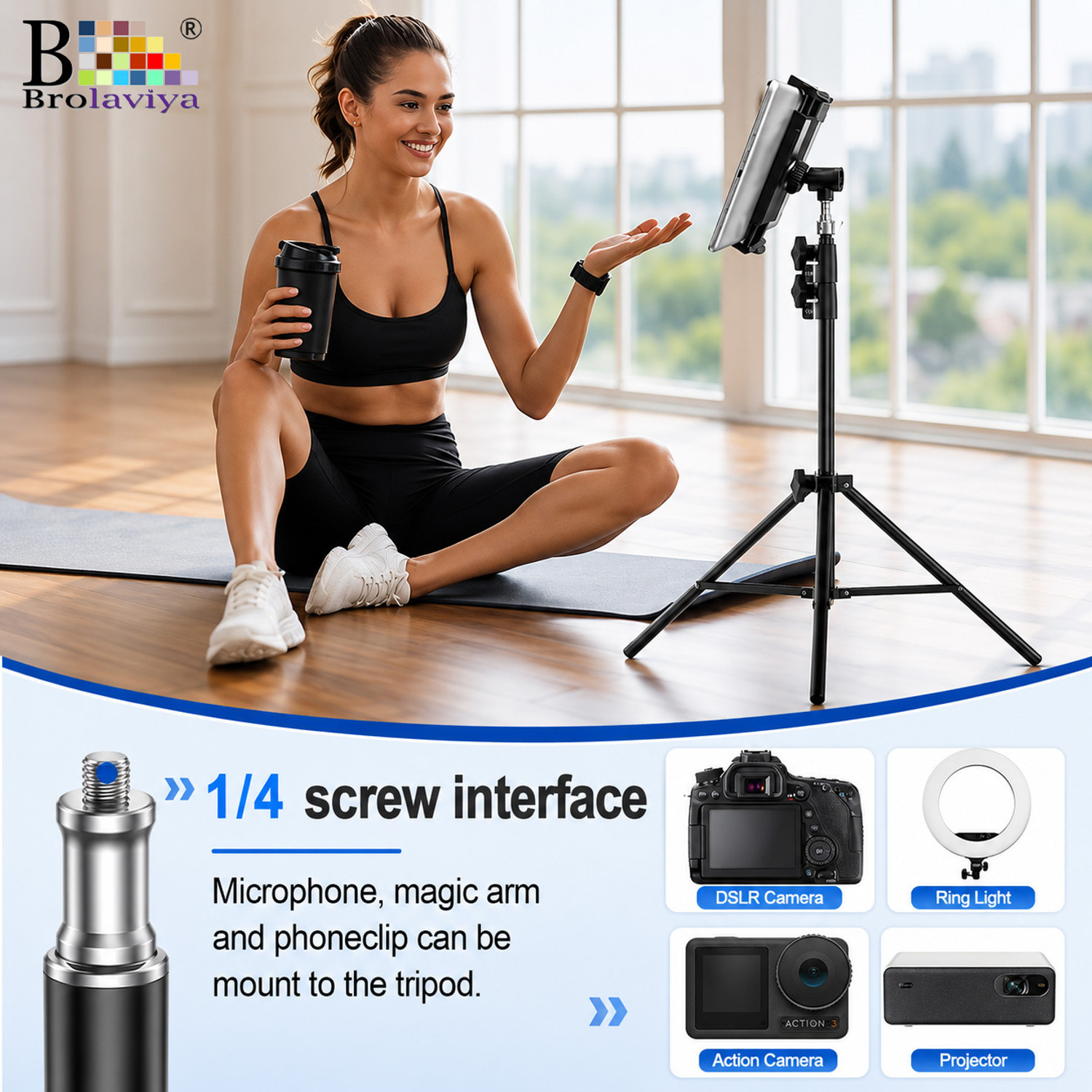 Image of BROLAVIYA Tablet Tripod Floor Stand, Adjustable up to 75 inch, Fits 4.7 inch-12.9 inch Phone & Tablet Tripod