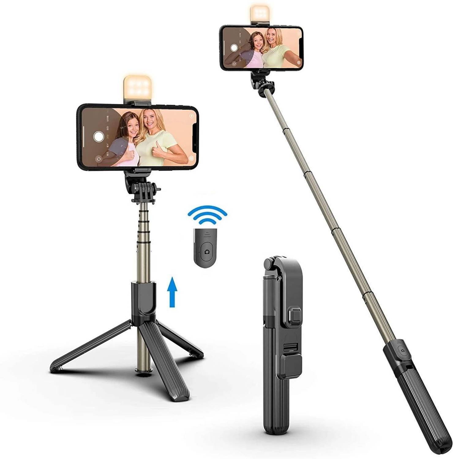 USTINE R1S Selfie Stick With Remote Light Adjustable For All Smartphones Tripod