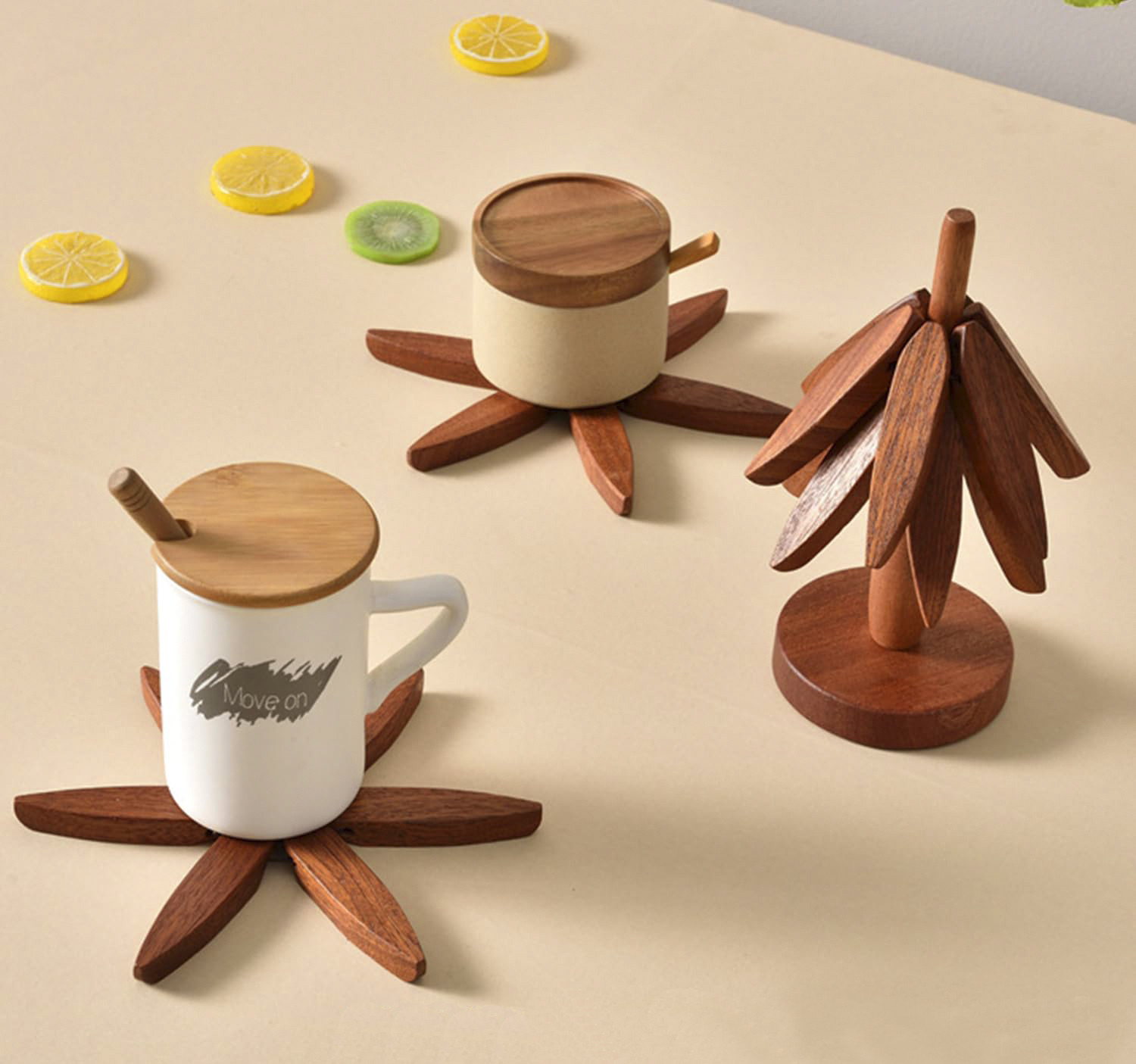 Image of Handyever Wooden Tree Shape Foldable Coasters for Hot Dishes, Set of four with 1 Stand Polished Trivet