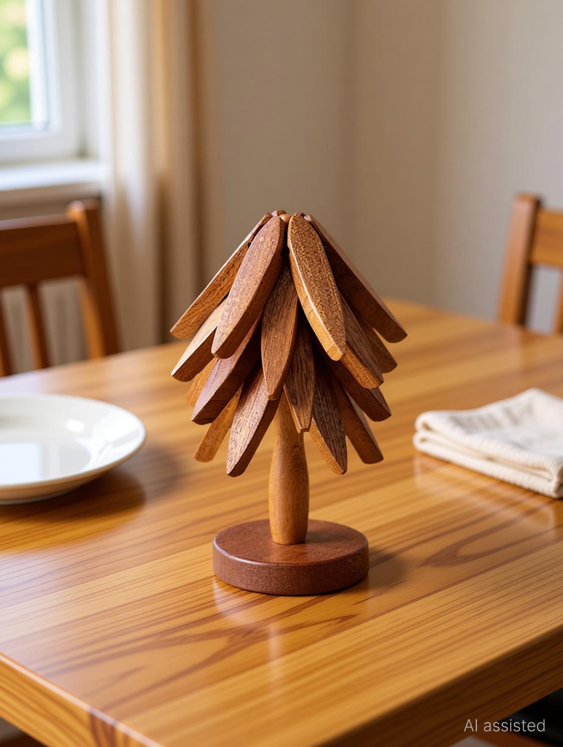 Image of Handyever Wooden Tree Shape Foldable Coasters for Hot Dishes, Set of four with 1 Stand Polished Trivet