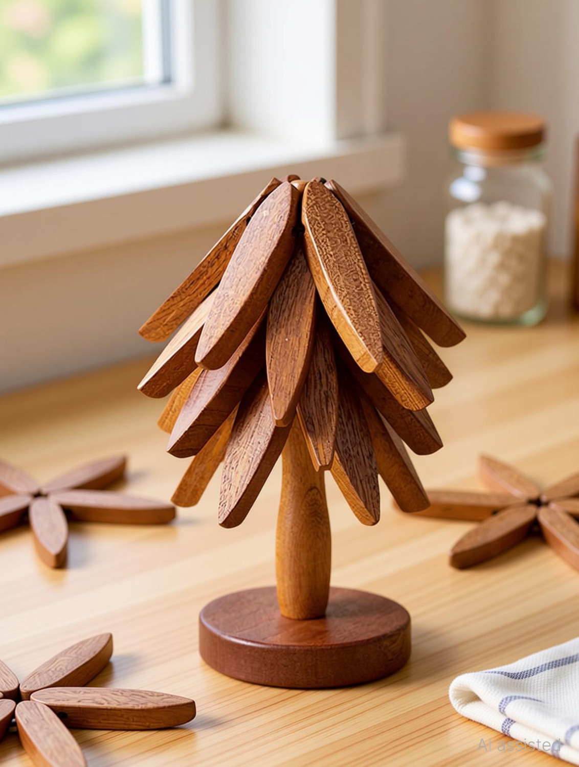 Image of Handyever Wooden Tree Shape Foldable Coasters for Hot Dishes, Set of four with 1 Stand Polished Trivet