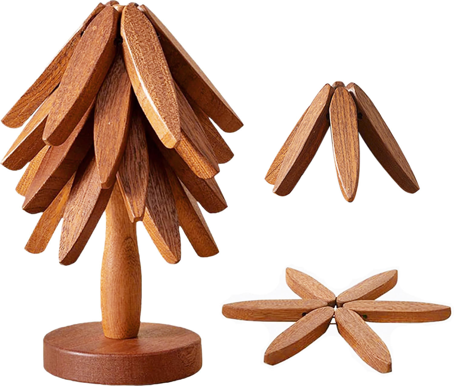 Image of Handyever Wooden Tree Shape Foldable Coasters for Hot Dishes, Set of four with 1 Stand Polished Trivet