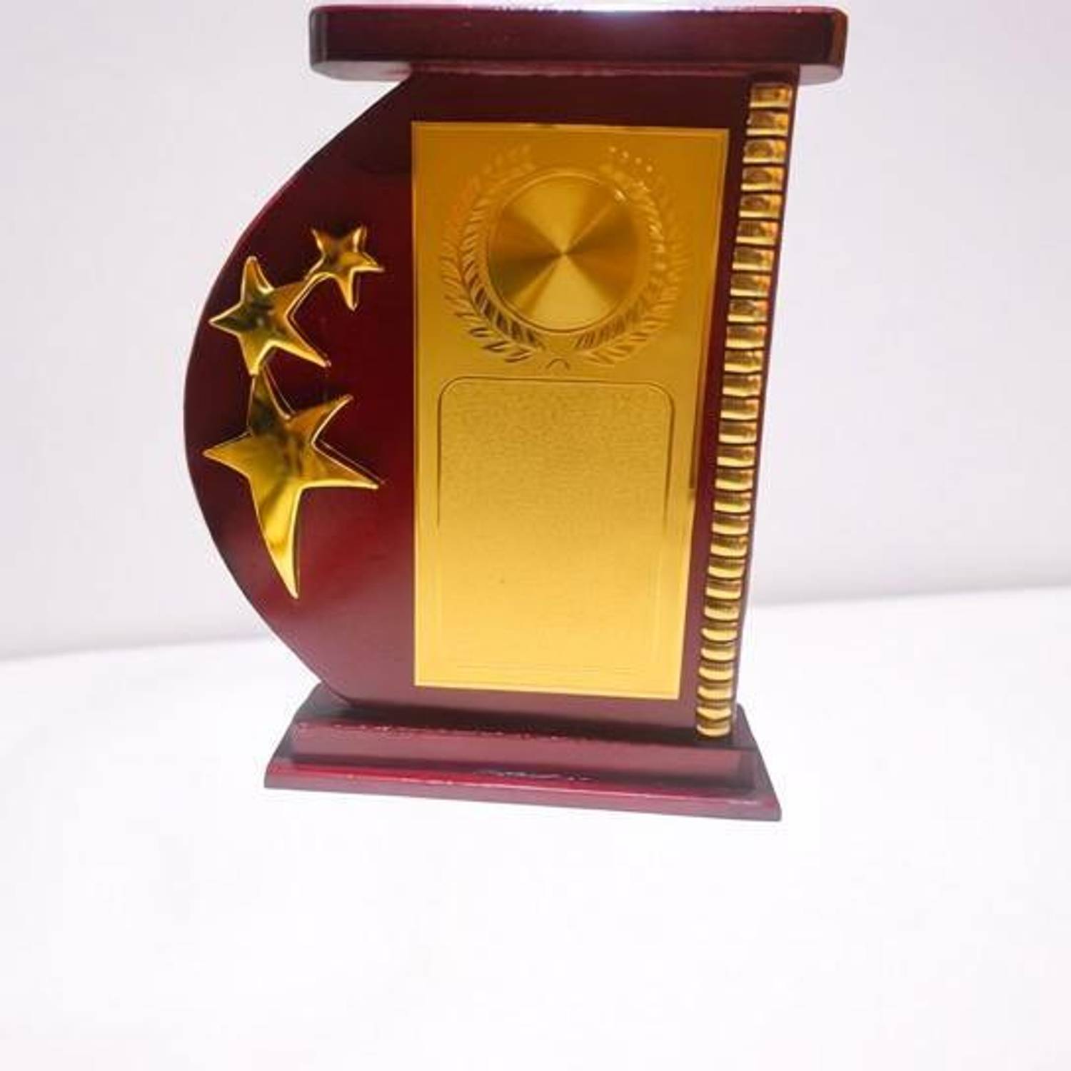 Afiya International Wooden Momentos With 3 Golden Star Sheild for Winners( 26 Centimeters Heights) Trophy
