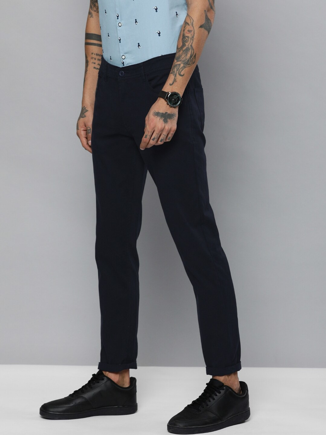 Image of The Indian Garage Co. Slim Fit Men Dark Blue Trousers