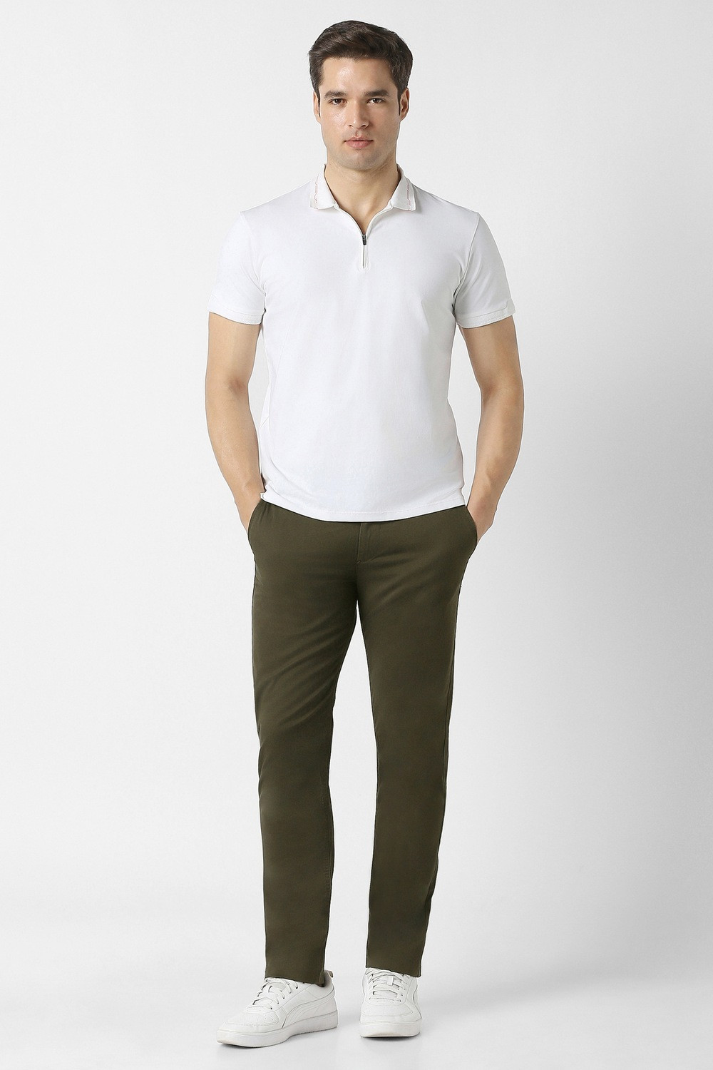 Image of PETER ENGLAND Men Slim Fit Green Cotton Blend Trousers