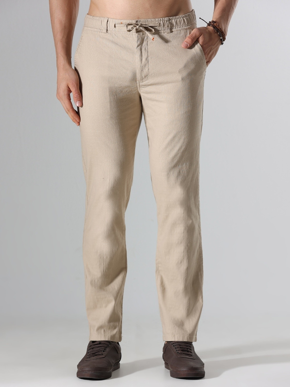 Image of Roadster Men Relaxed Beige Pure Linen Trousers
