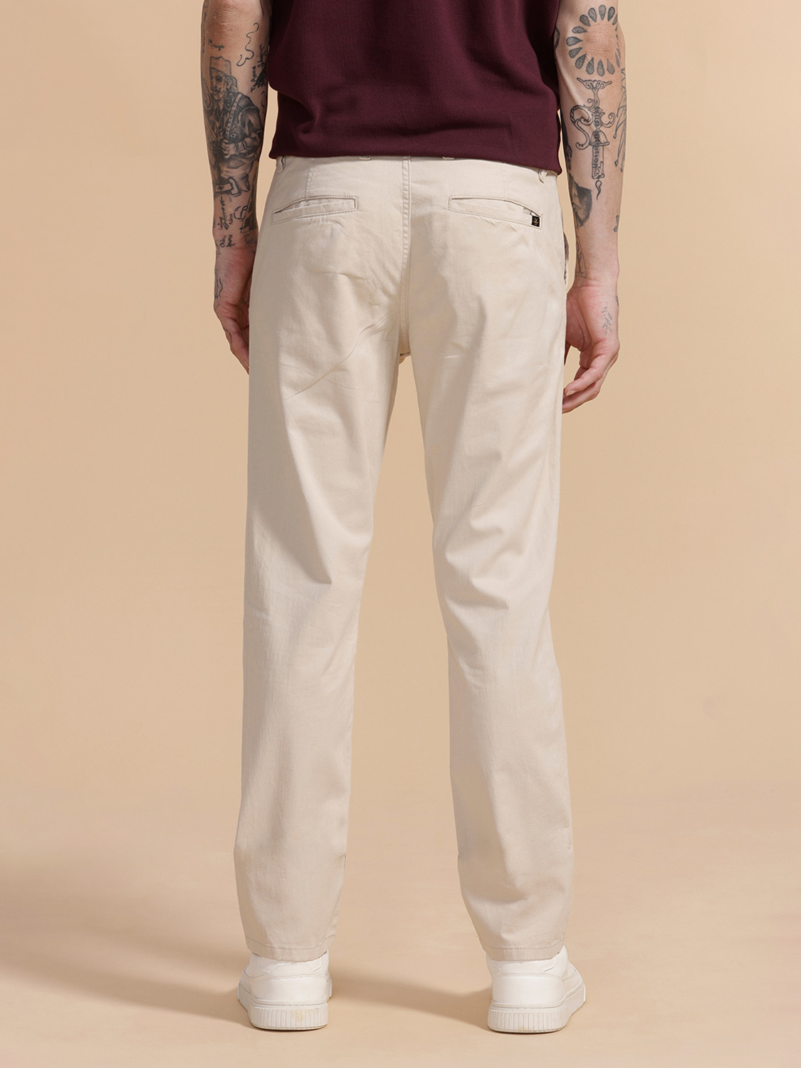 Image of WROGN Slim Fit Men Beige Trousers