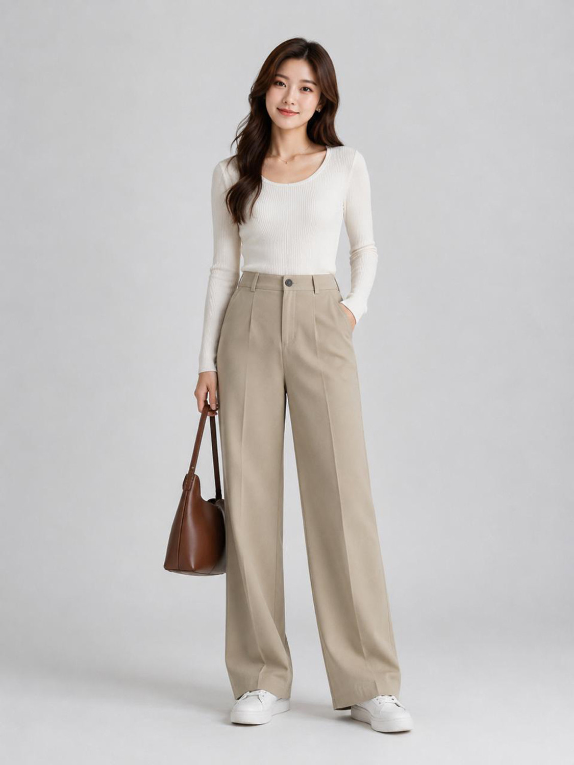 Image of Trend Level Loose Fit, Flared Women Beige Trousers