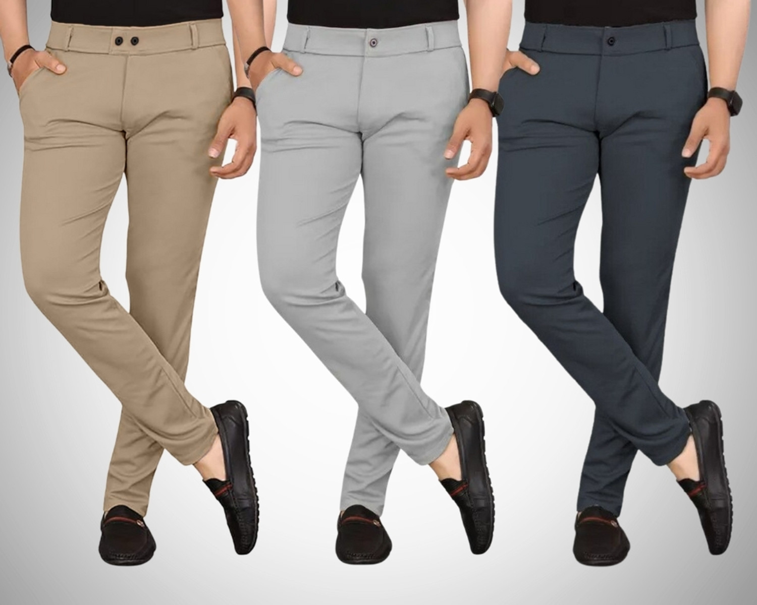 Image of PGQ Pack of 3 Men Regular Fit Multicolor Lycra Blend Trousers