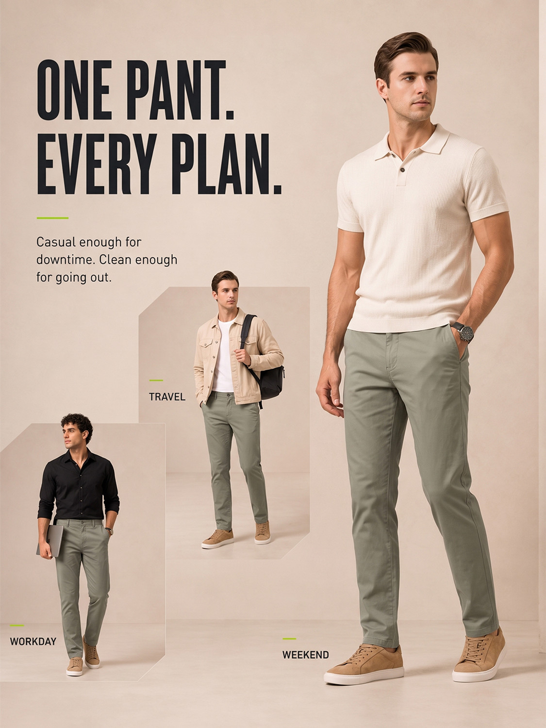 Image of NOBERO Men Tapered Light Green Cotton Blend Trousers