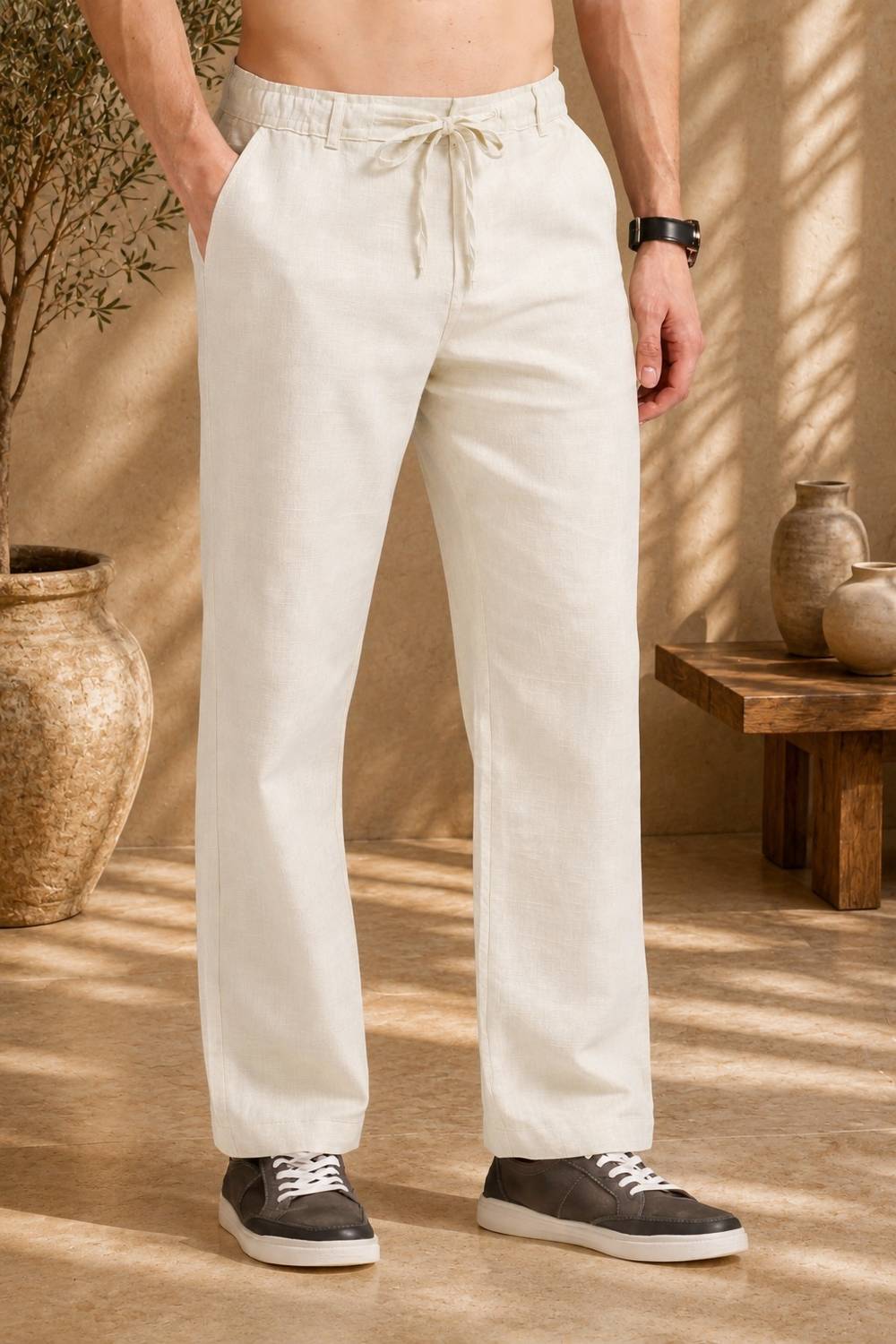 Men Regular Fit Cream Cotton Blend Trousers - Image 1