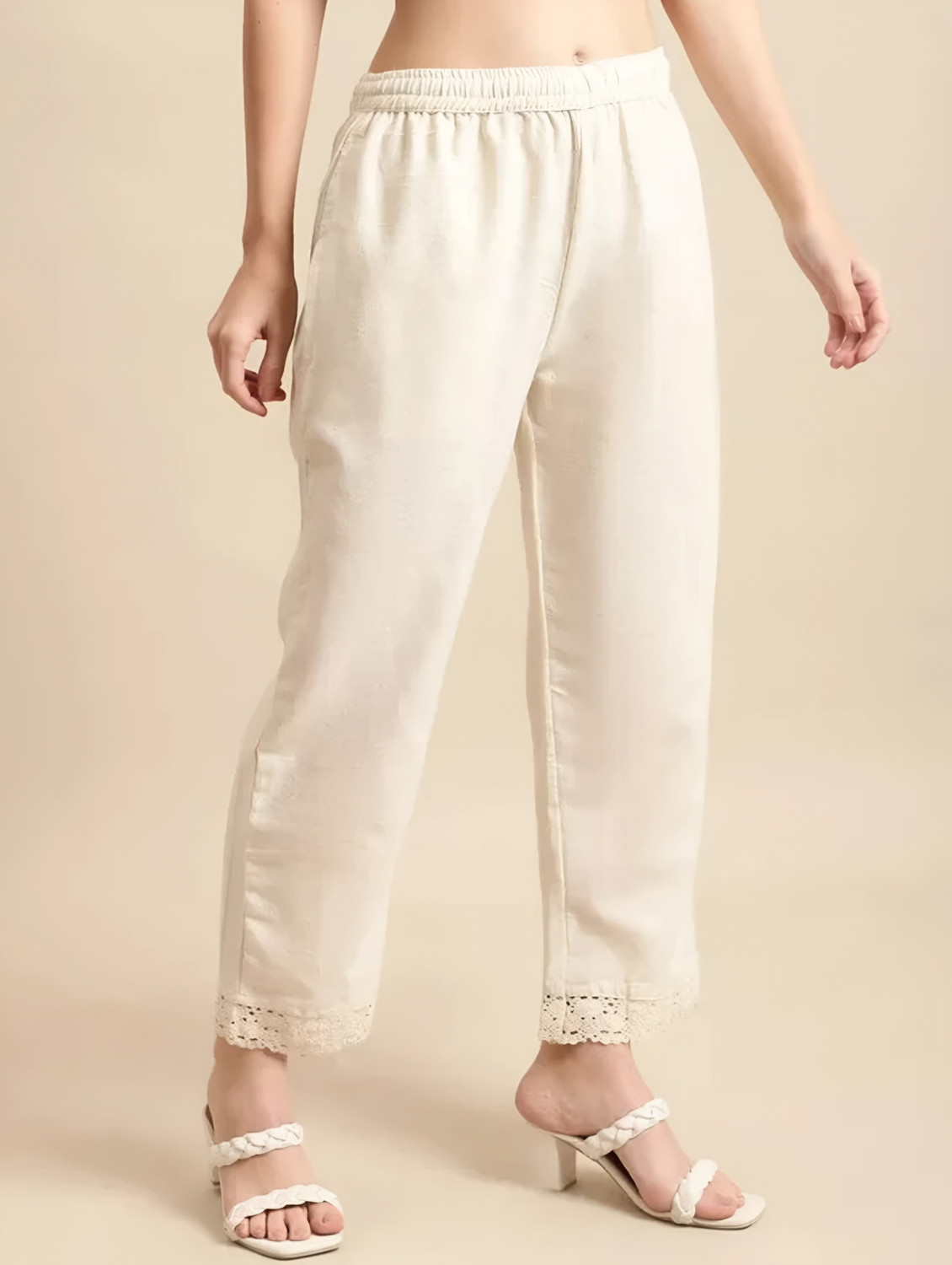 Image of Hunaiza Loose Fit Women Cream Trousers