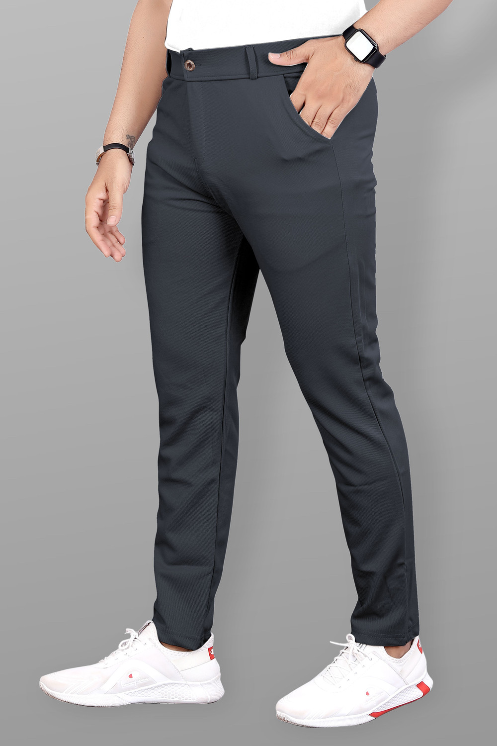 Image of COMBRAIDED Slim Fit Men Grey Trousers
