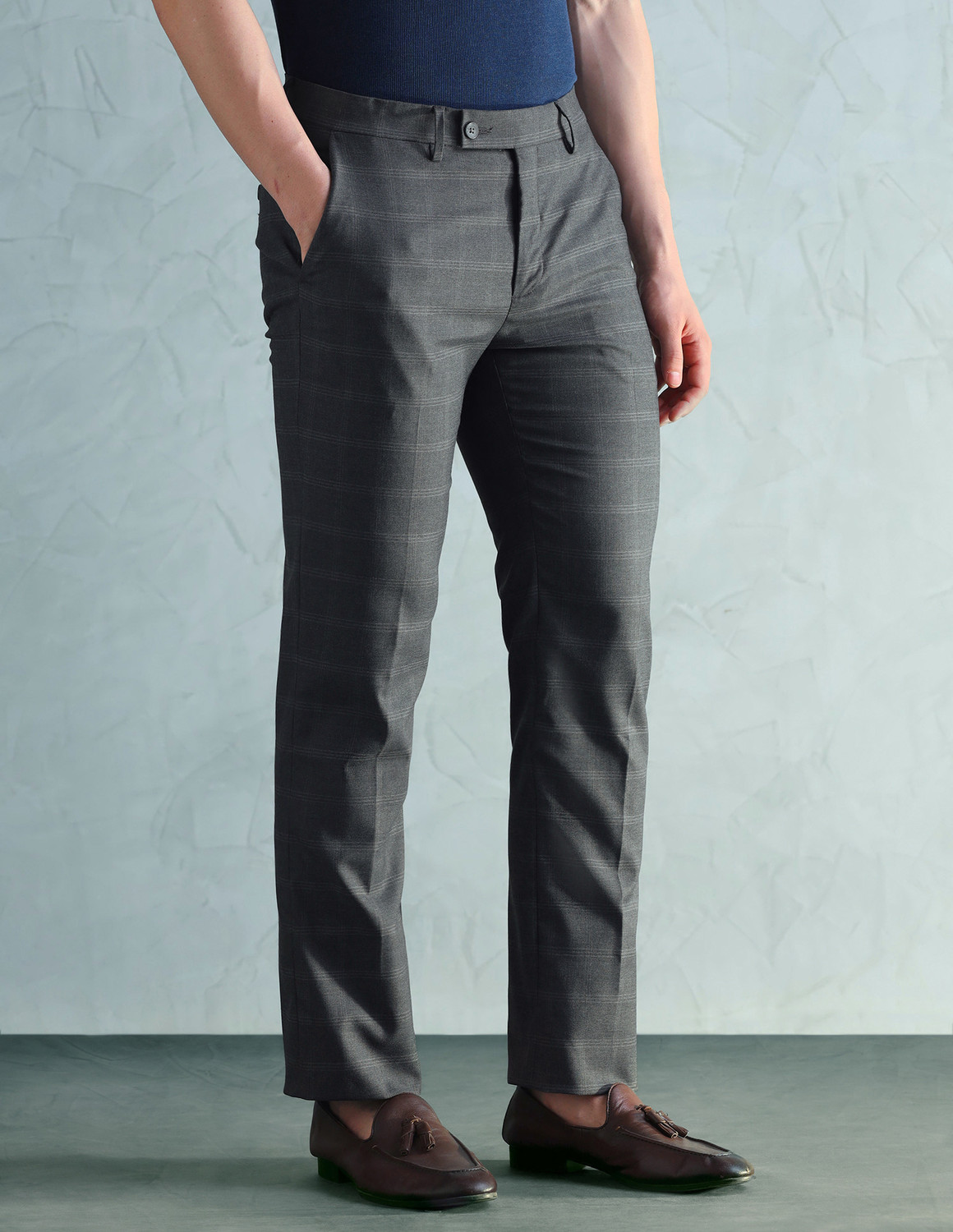 Image of ARROW Men Slim Fit Grey Polyester Trousers