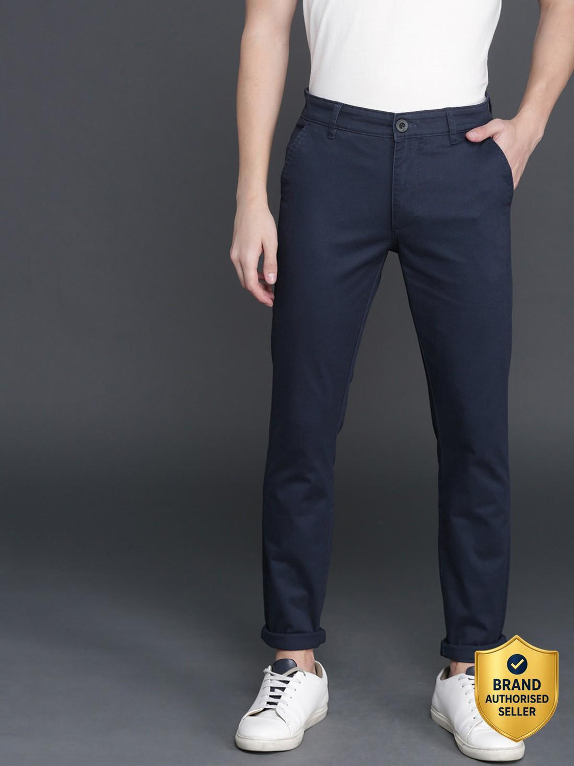 Image of WROGN Slim Fit Men Dark Blue Trousers