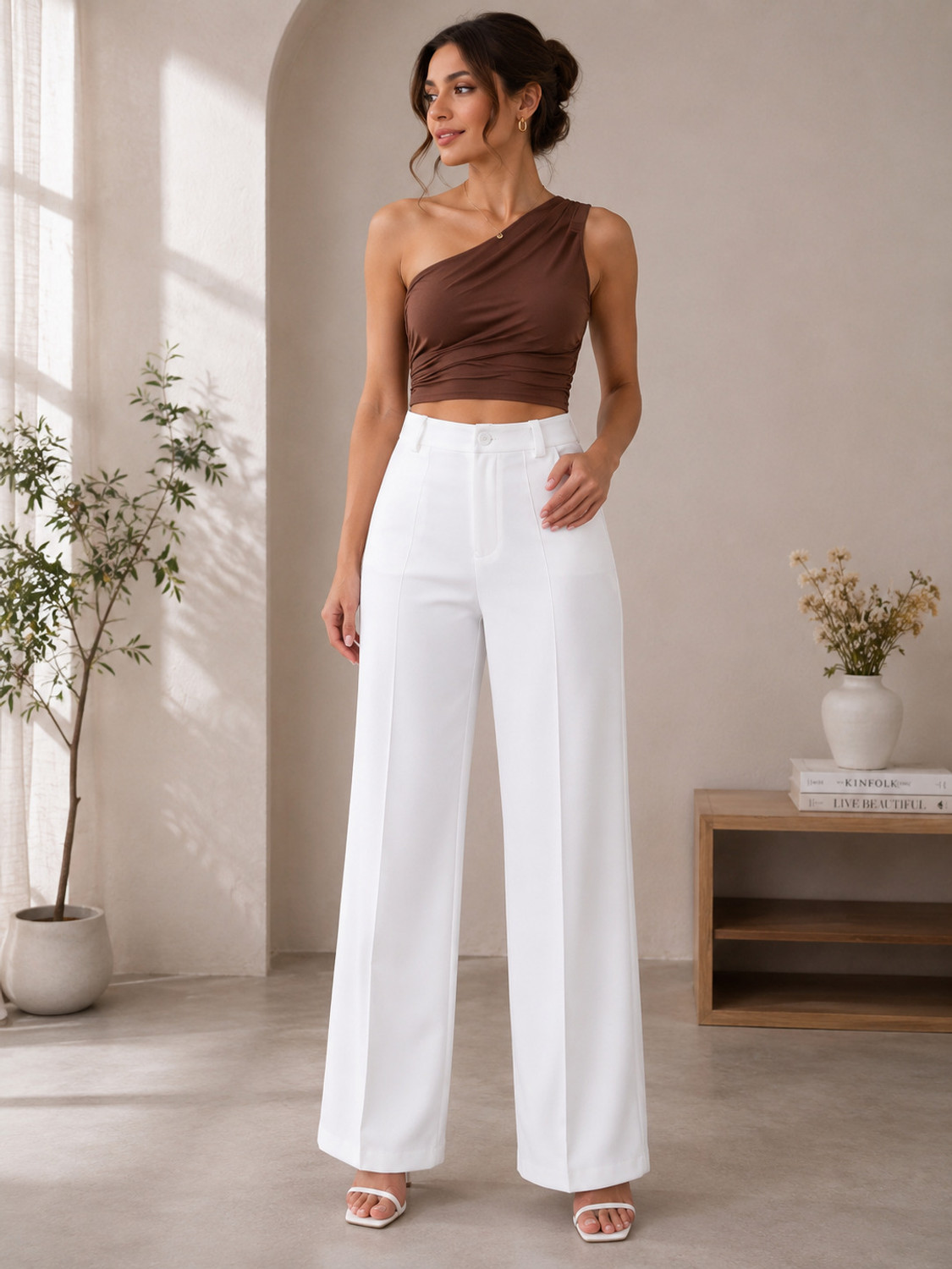 Image of KOTTY Women Regular Fit White Polyester Trousers