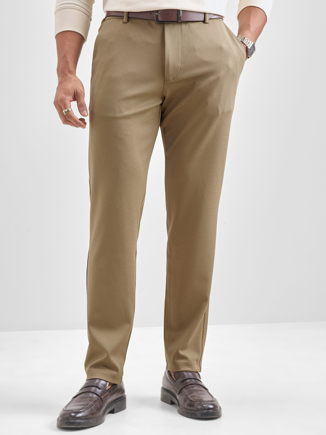 Image of HIGHLANDER Slim Fit Men Khaki Trousers