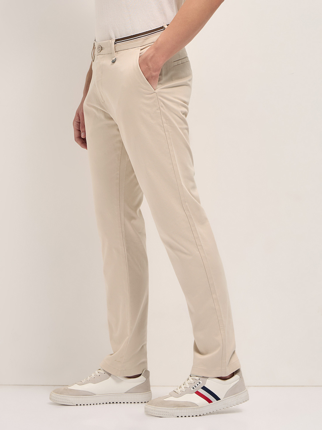 Image of THE BEAR HOUSE Straight Fit Men Cream Trousers