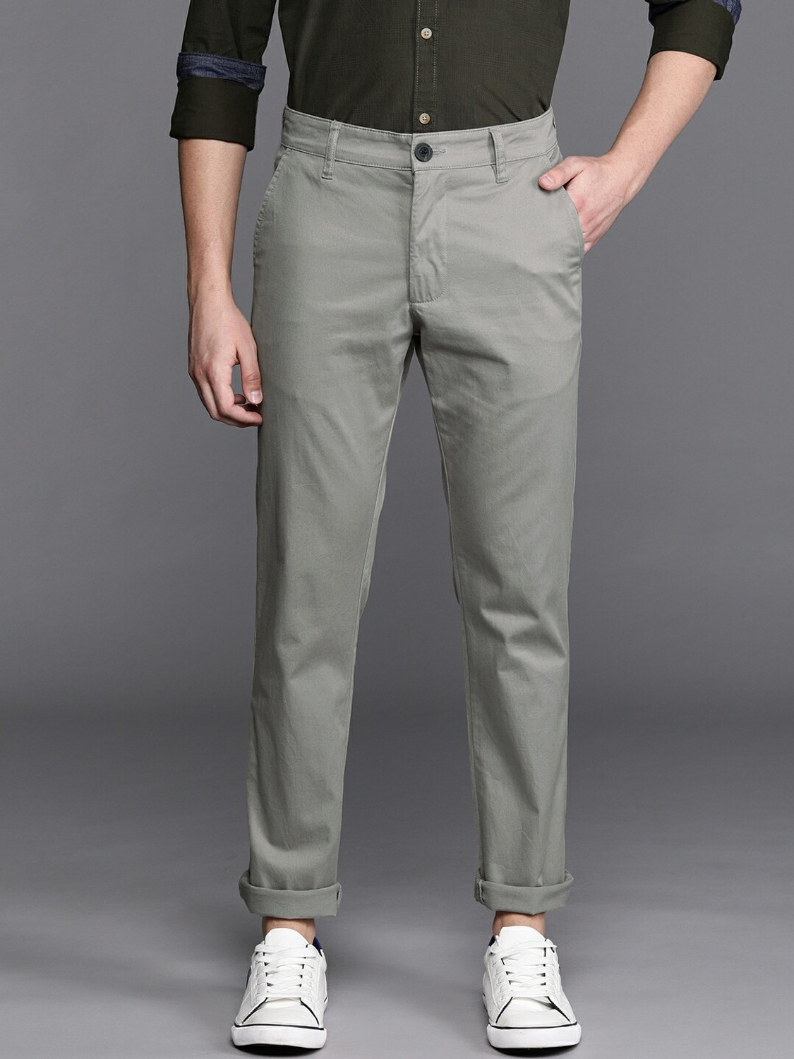 Image of WROGN Slim Fit Men Grey Trousers