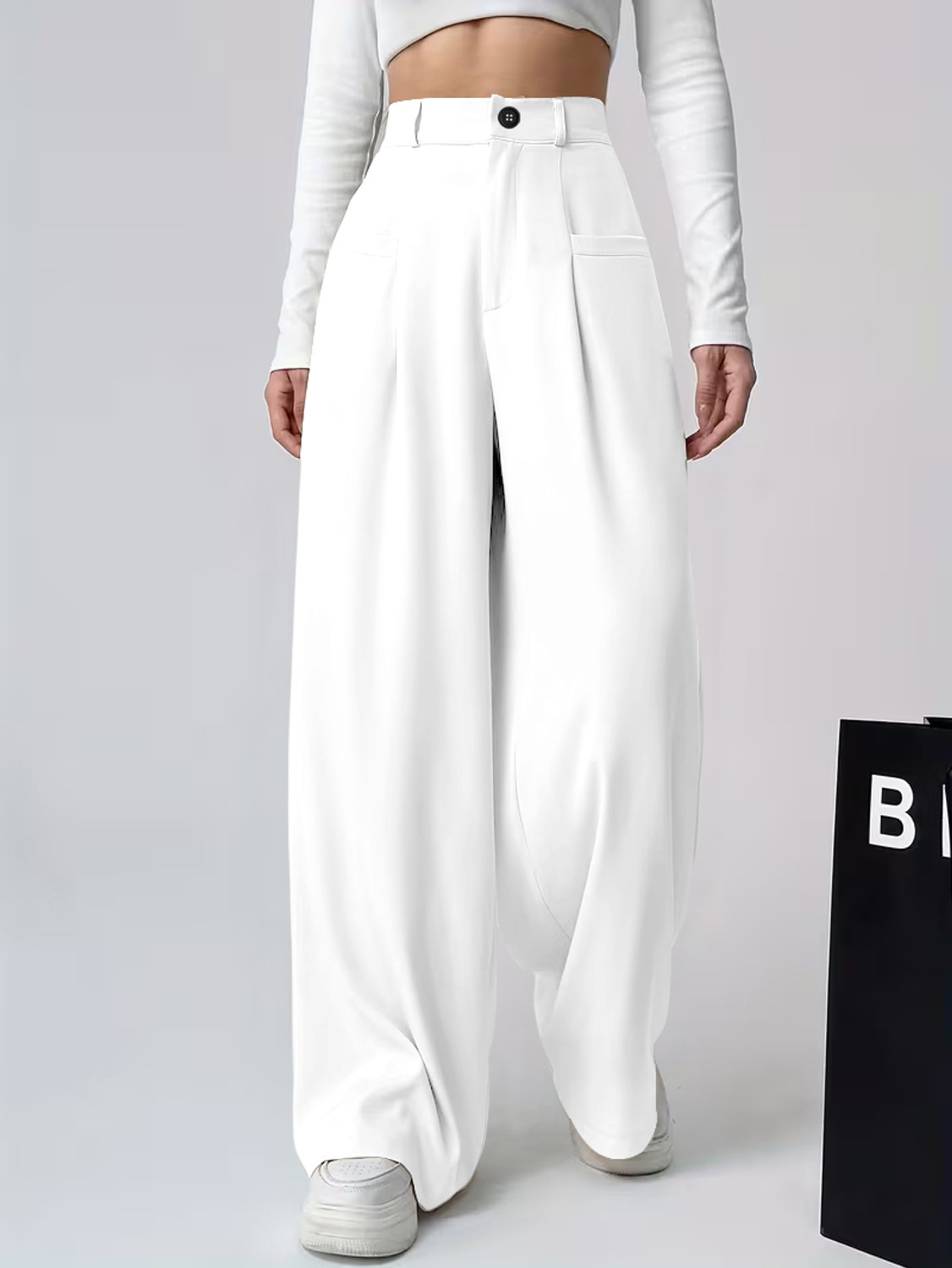 Image of Klossy Women Loose Fit White Polyester Trousers