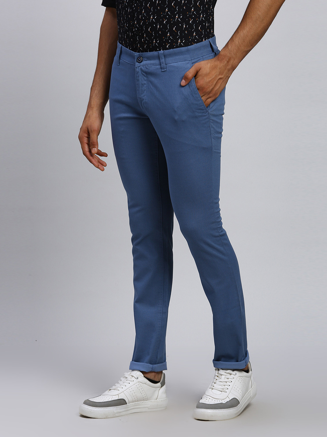 Image of PARX Men Slim Fit Blue Cotton Blend Trousers