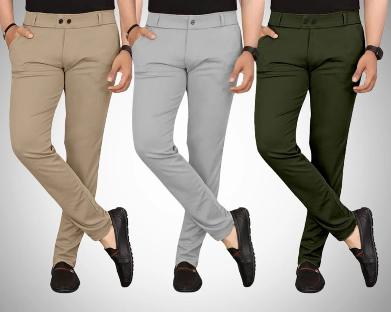 Image of Z6W Pack of 3 Men Slim Fit Multicolor Lycra Blend Trousers