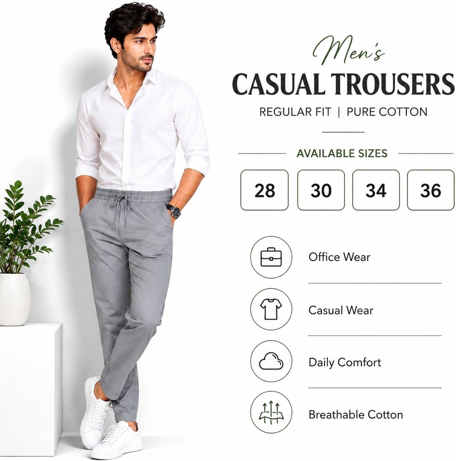 QFA Regular Fit Men Grey Trousers - Image 5