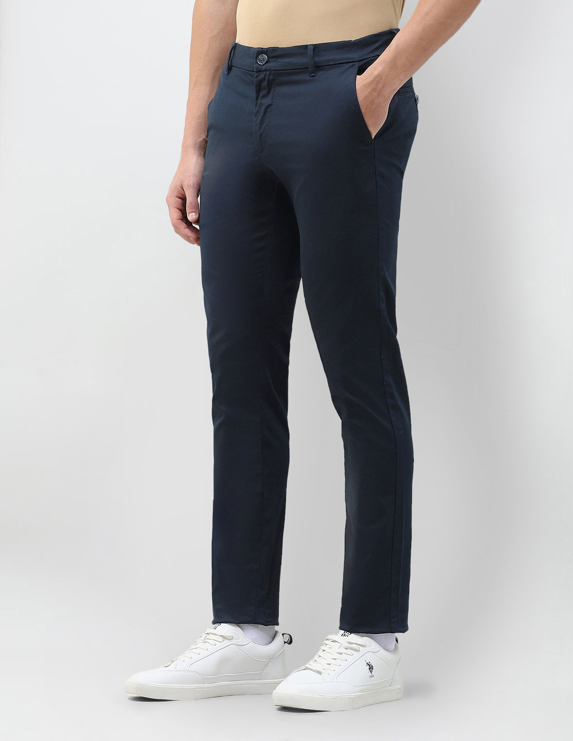 Image of U.S. POLO ASSN. Men Slim Fit Blue Pure Cotton Trousers