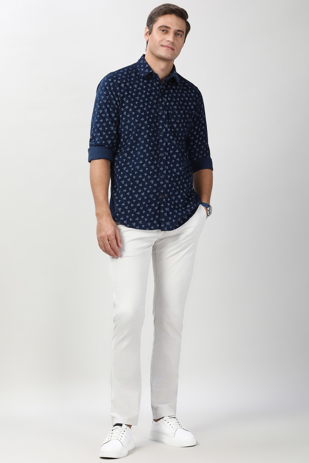 Image of PETER ENGLAND Men Slim Fit White Cotton Blend Trousers