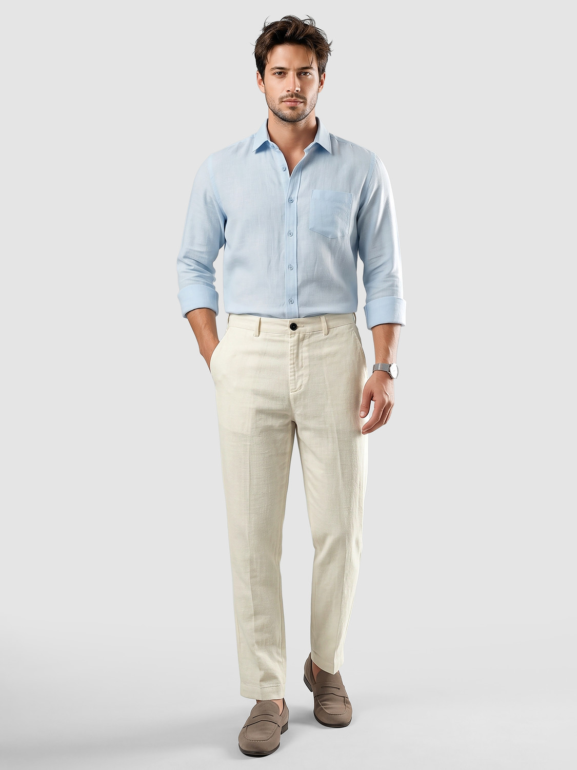 Image of BEYOUNG Straight Fit Men Beige Trousers