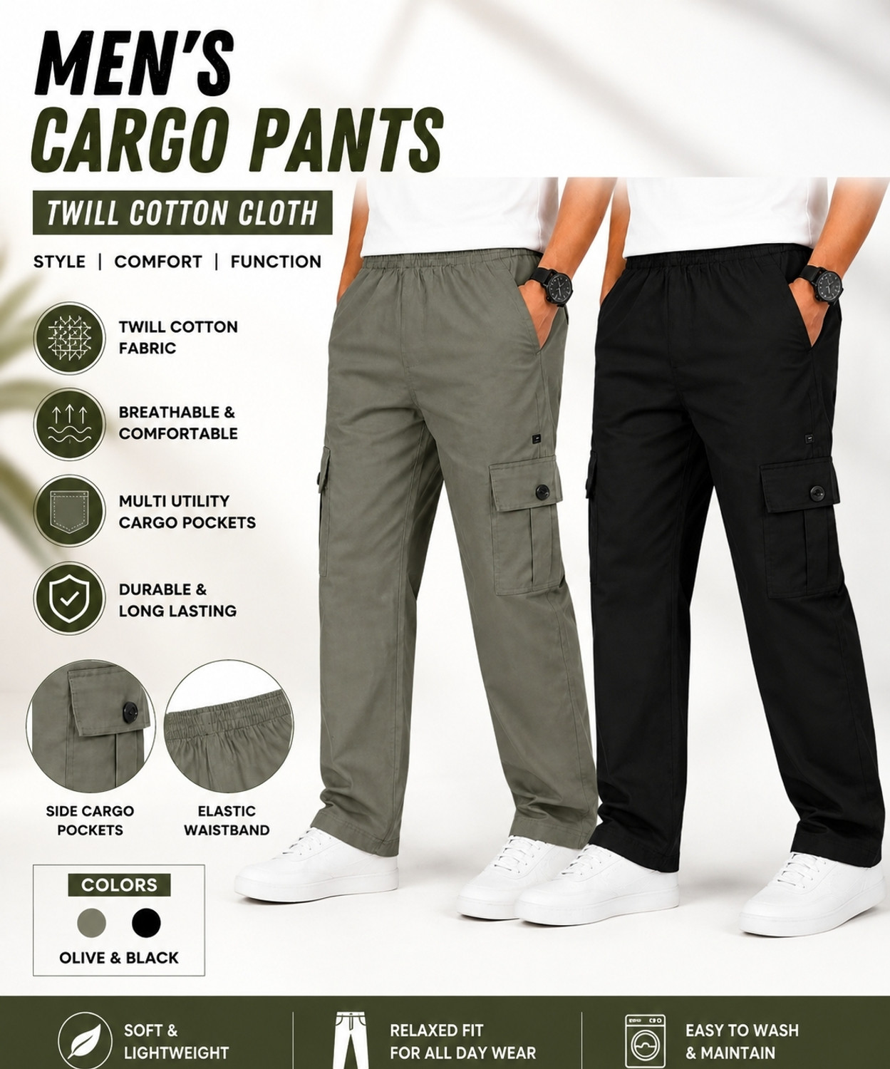 Image of rj collection Pack of 2 Men Regular Fit Black, Green Cotton Blend Trousers