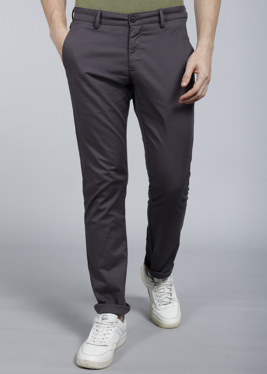 Image of Allen Solly Men Regular Fit Grey Cotton Blend Trousers