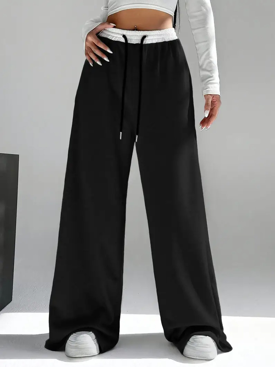 Image of stylebella Women Regular Fit Black Cotton Blend Trousers