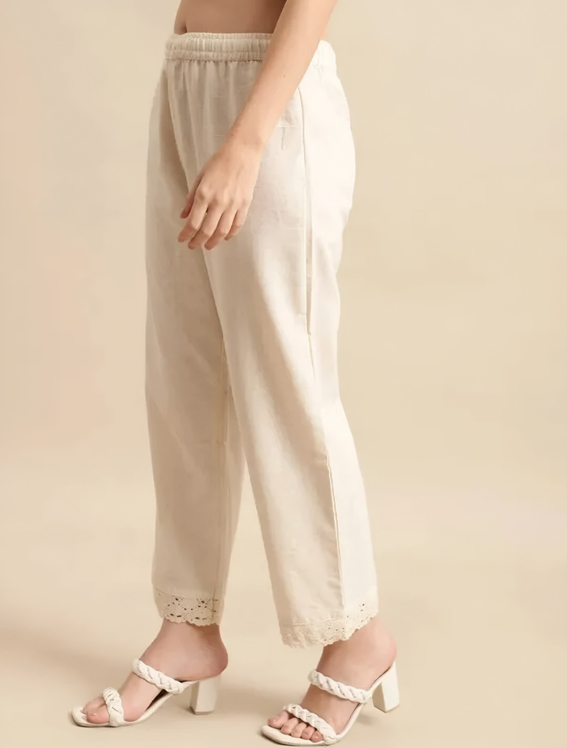 Image of Hunaiza Loose Fit Women Cream Trousers