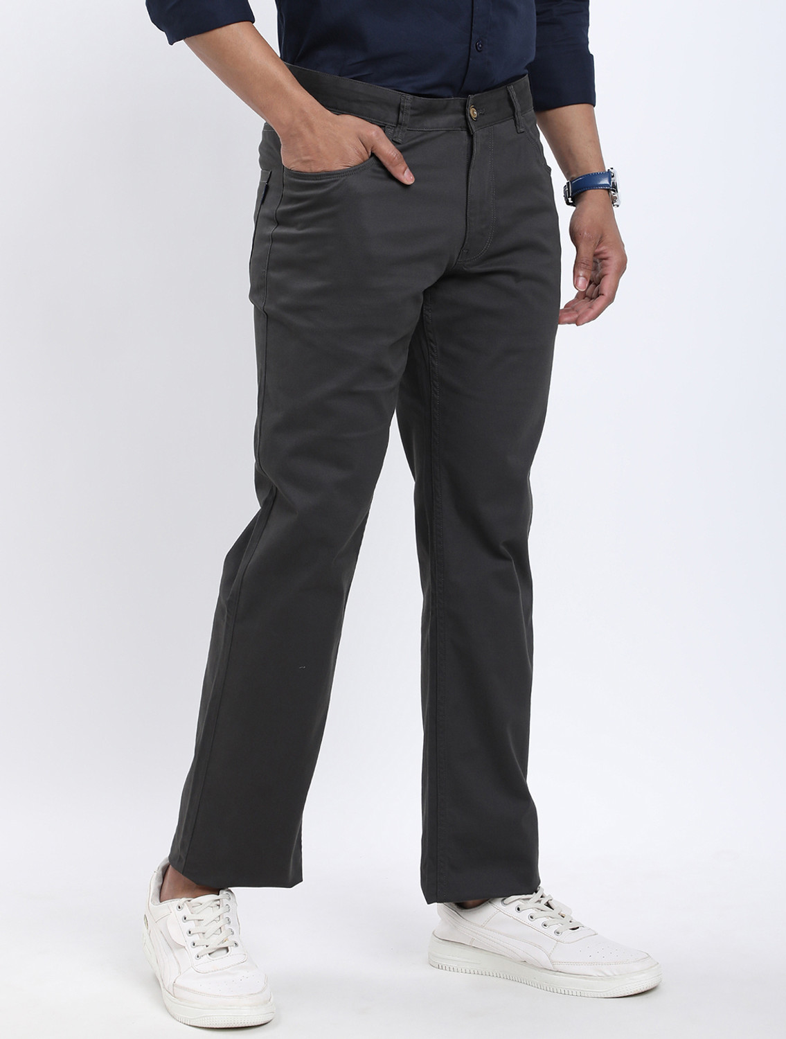 Image of INDIAN TERRAIN Regular Fit Men Grey Trousers