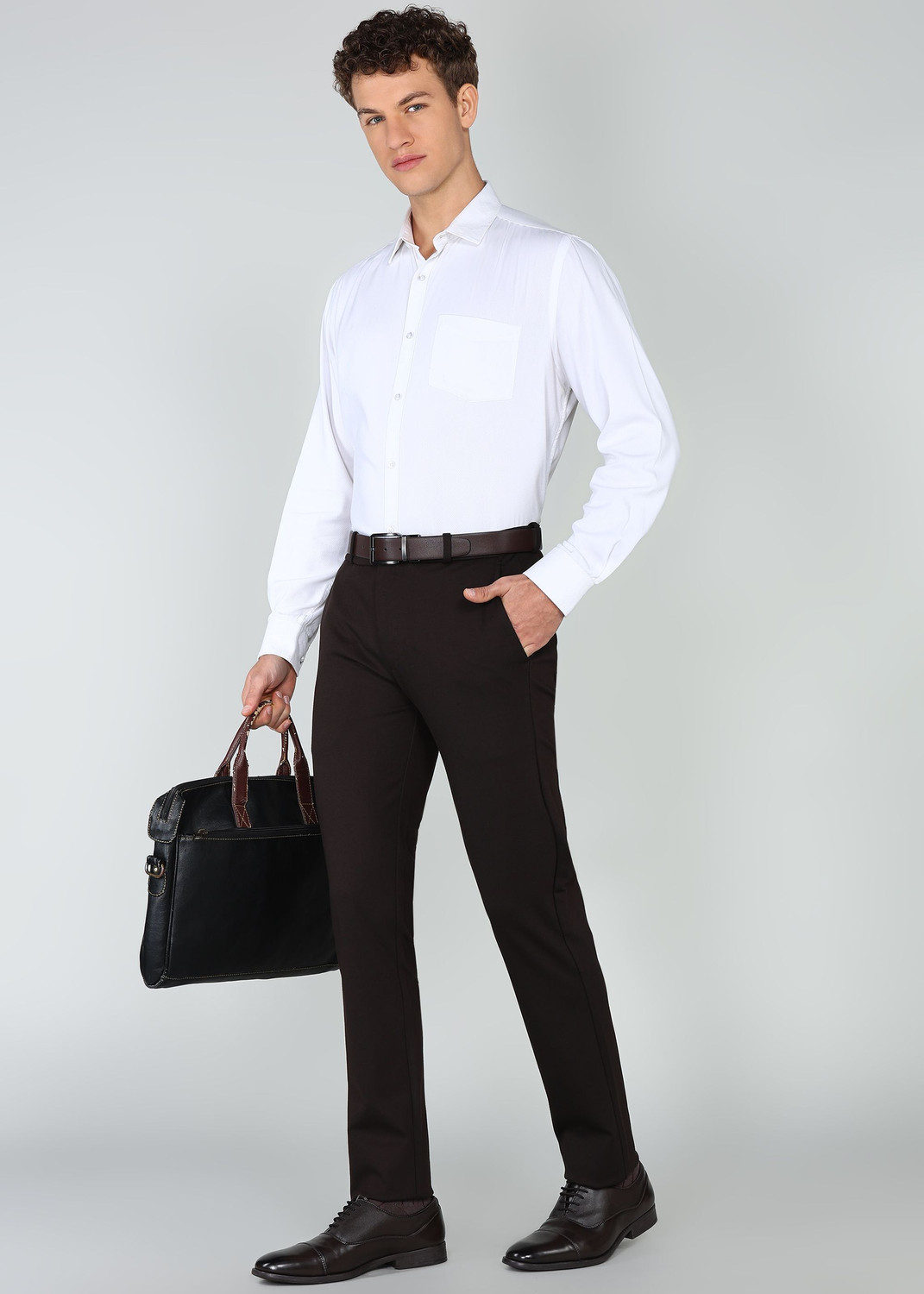 Image of INTEGRITI Men Slim Fit Brown Cotton Blend Trousers