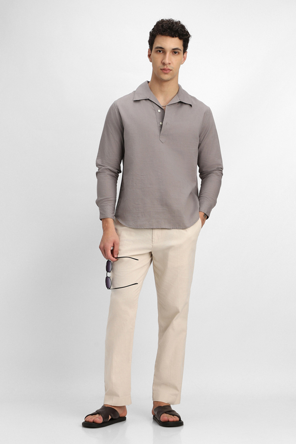 Image of Snitch Men Relaxed Beige Linen Blend Trousers