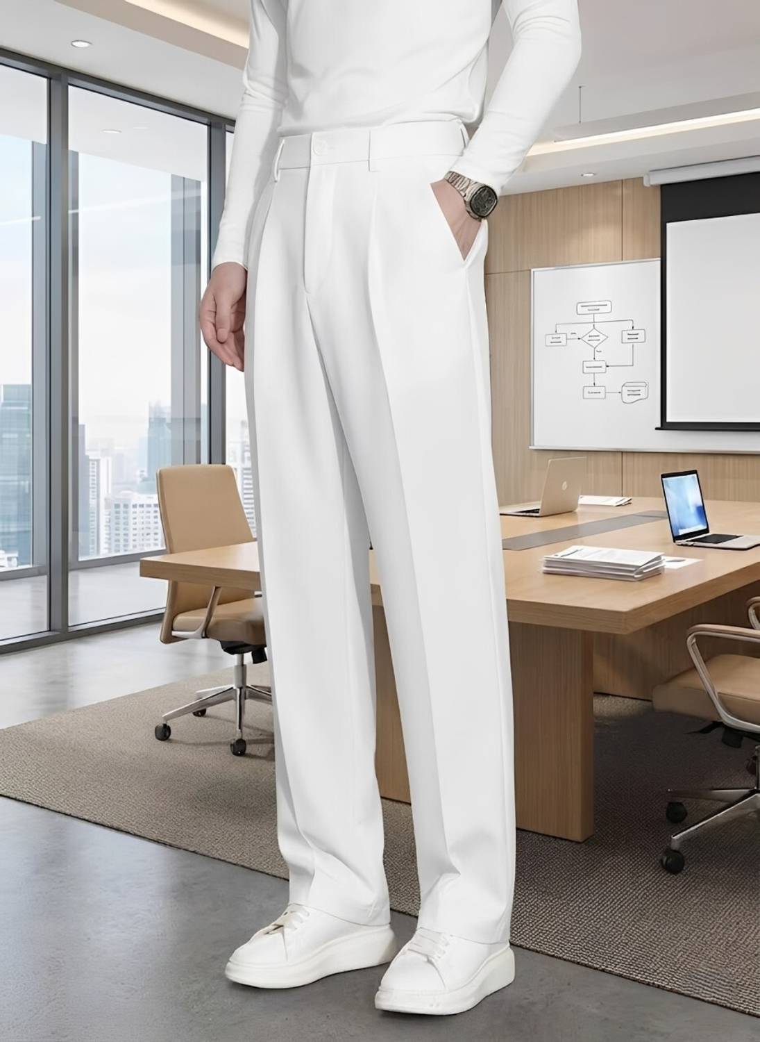 FASHIONFLAXY Straight Fit White Trousers