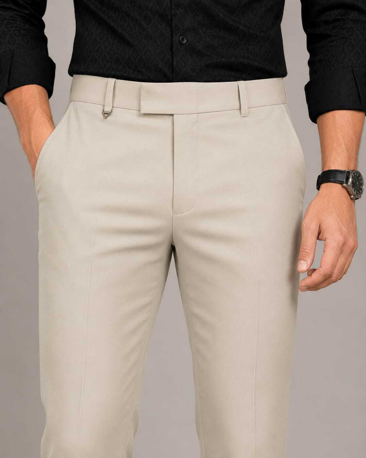 Image of Moudlin Men Regular Fit Beige Cotton Blend Trousers