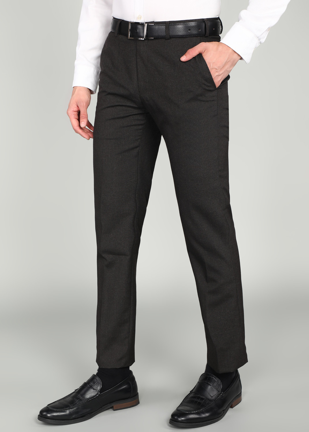 Image of Raymond Men Slim Fit Brown Polyester Trousers