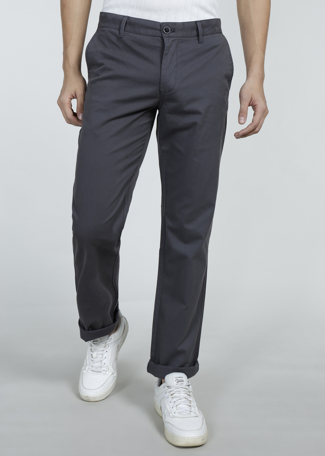 Image of INDIAN TERRAIN Men Regular Fit Grey Cotton Blend Trousers
