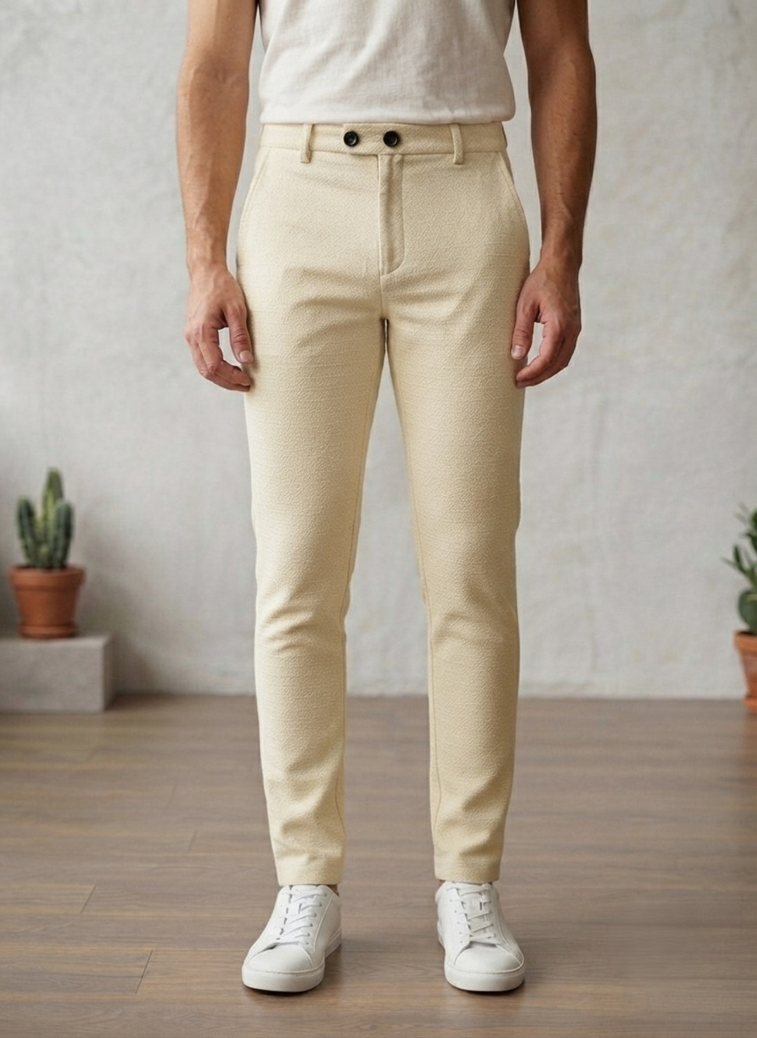 Image of INDICLUB Regular Fit Men Cream Trousers