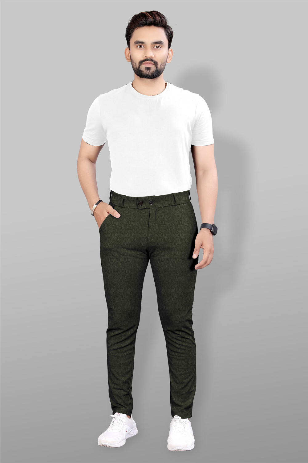 Image of COMBRAIDED Slim Fit Men Dark Green Trousers