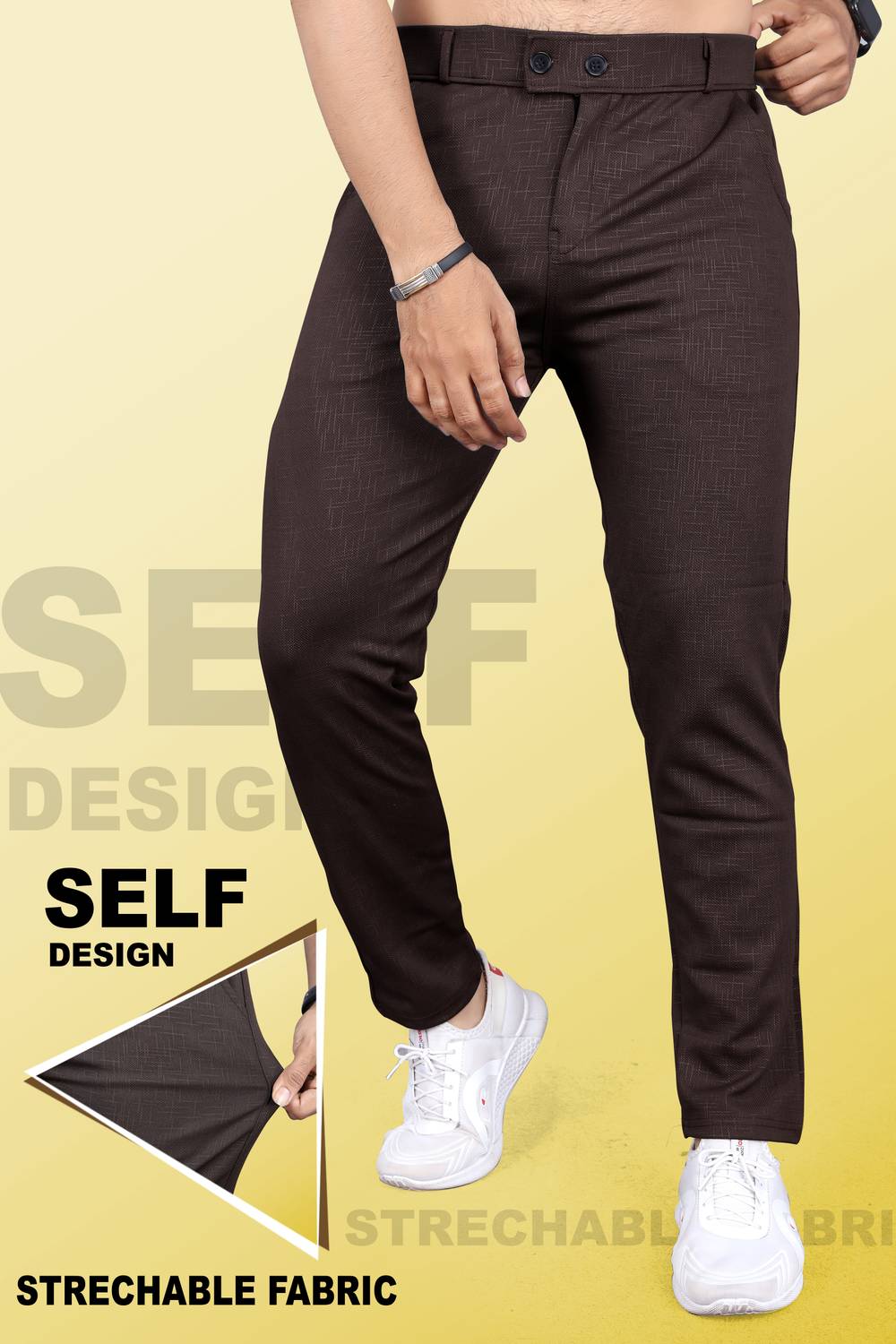 INDICLUB Men Slim Fit Brown Linen Blend Trousers