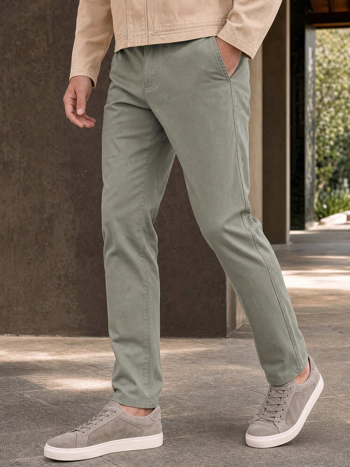 Image of NOBERO Men Tapered Light Green Cotton Blend Trousers