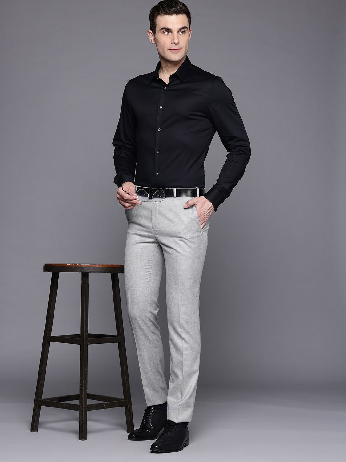 Image of Raymond Slim Fit Men Grey Trousers