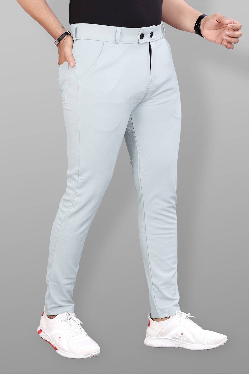 Men Slim Fit Grey Lycra Blend Trousers - Image 1