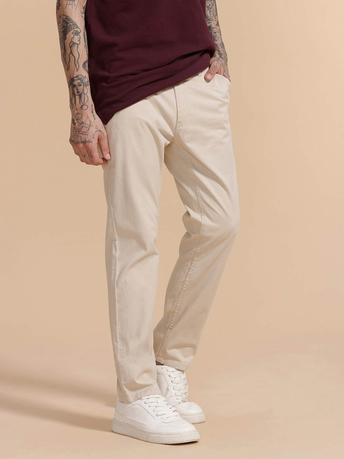 Image of WROGN Slim Fit Men Beige Trousers
