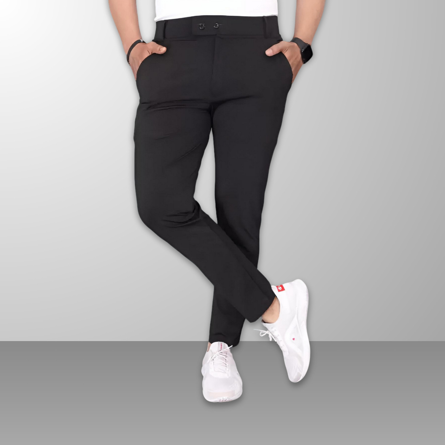Image of GIBBONTE Slim Fit Men Black, Blue, Grey Trousers